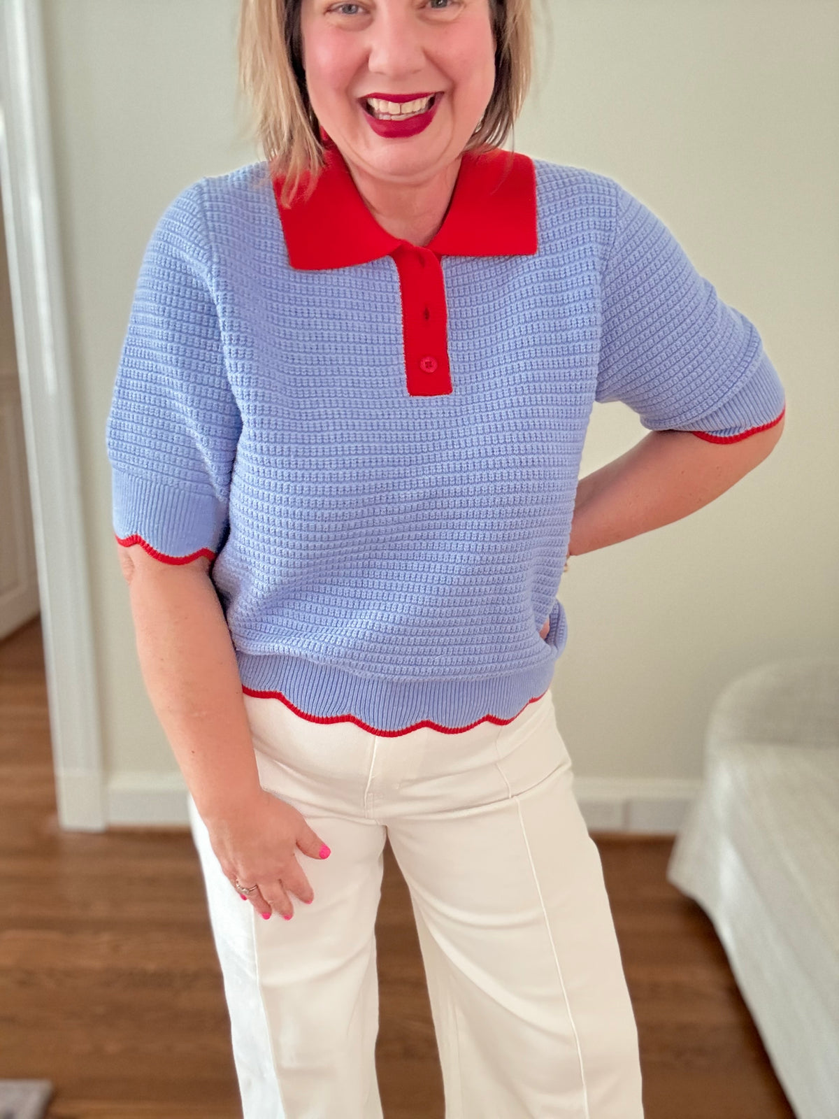 Collared Short Sleeve Knit Top