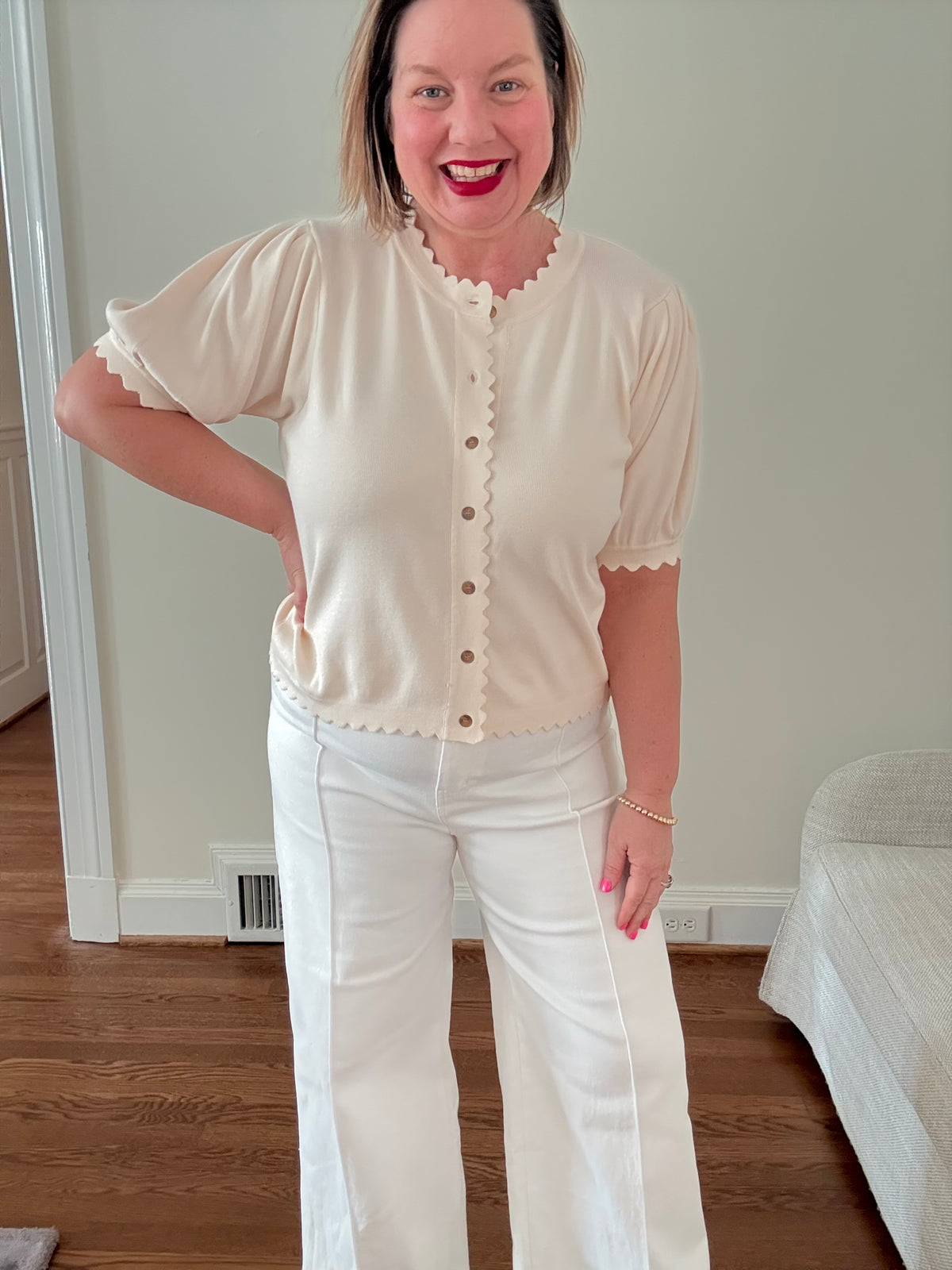 Puff Sleeve Button-Front Cardigan