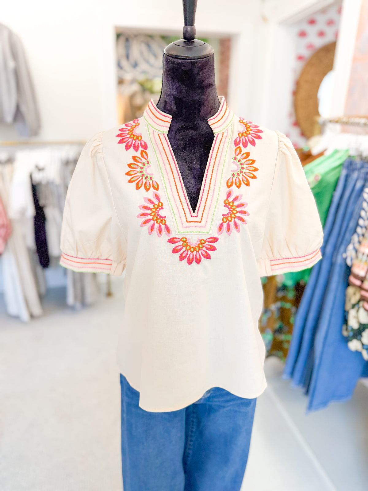 Puff Sleeve Floral Embroidery Top