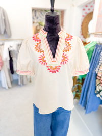 Puff Sleeve Floral Embroidery Top