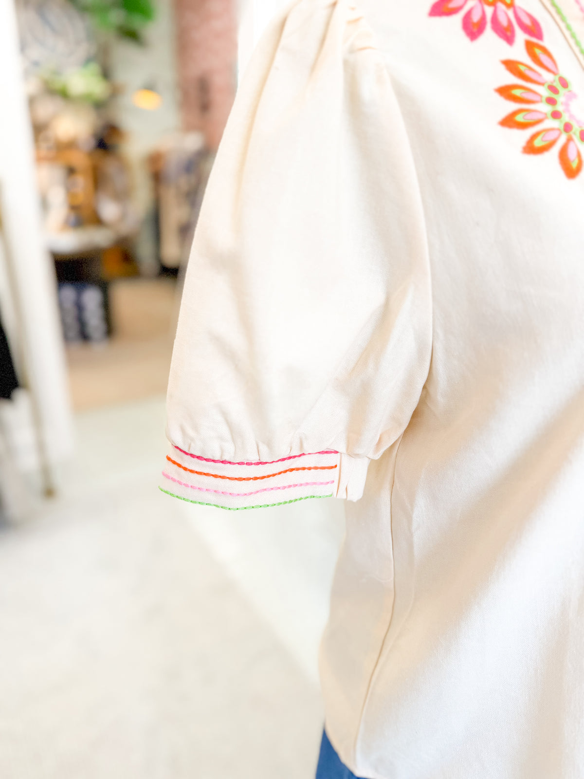 Puff Sleeve Floral Embroidery Top