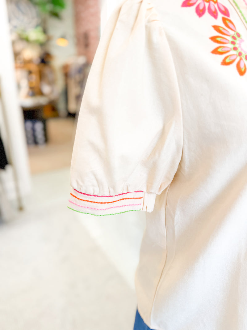 Puff Sleeve Floral Embroidery Top