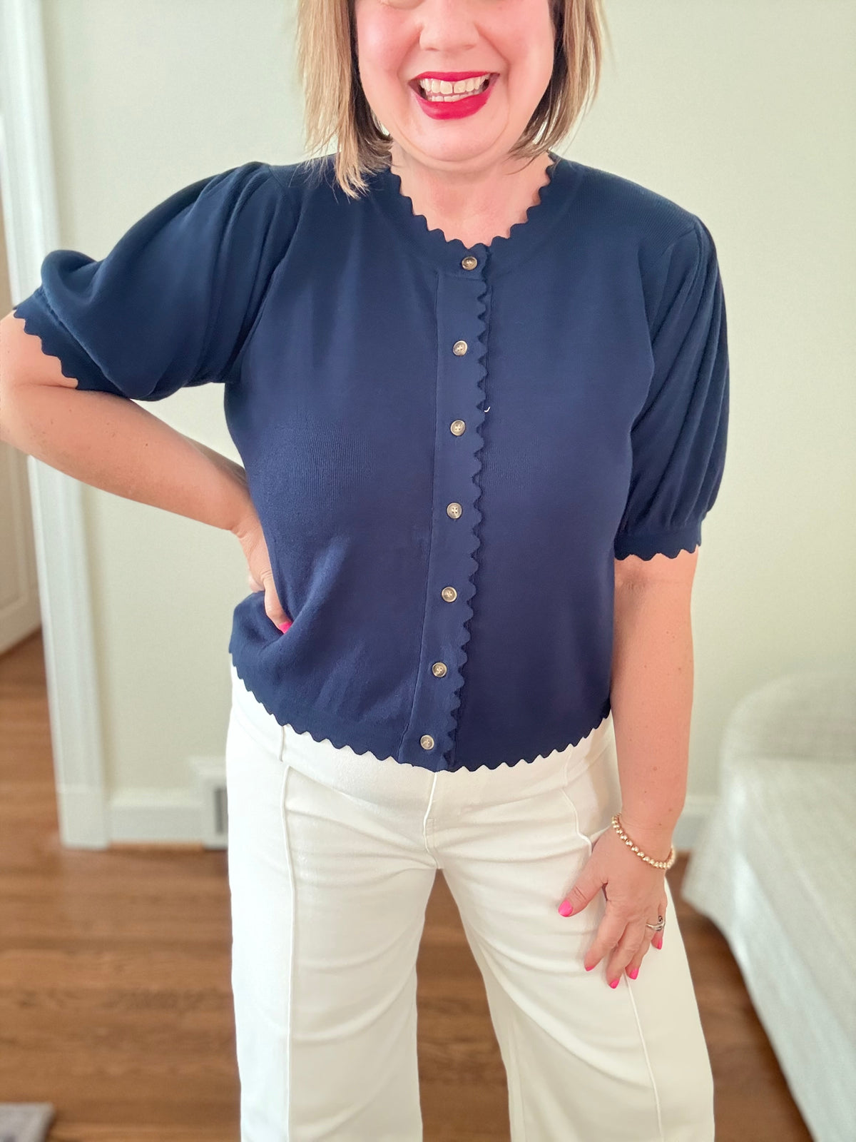 Puff Sleeve Button-Front Cardigan