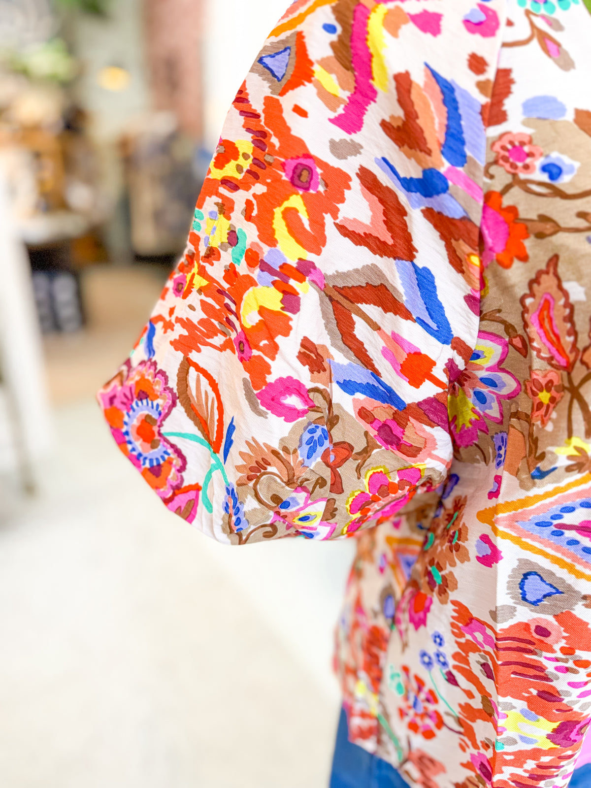 Puff Sleeve Pattern Detail Texture Top