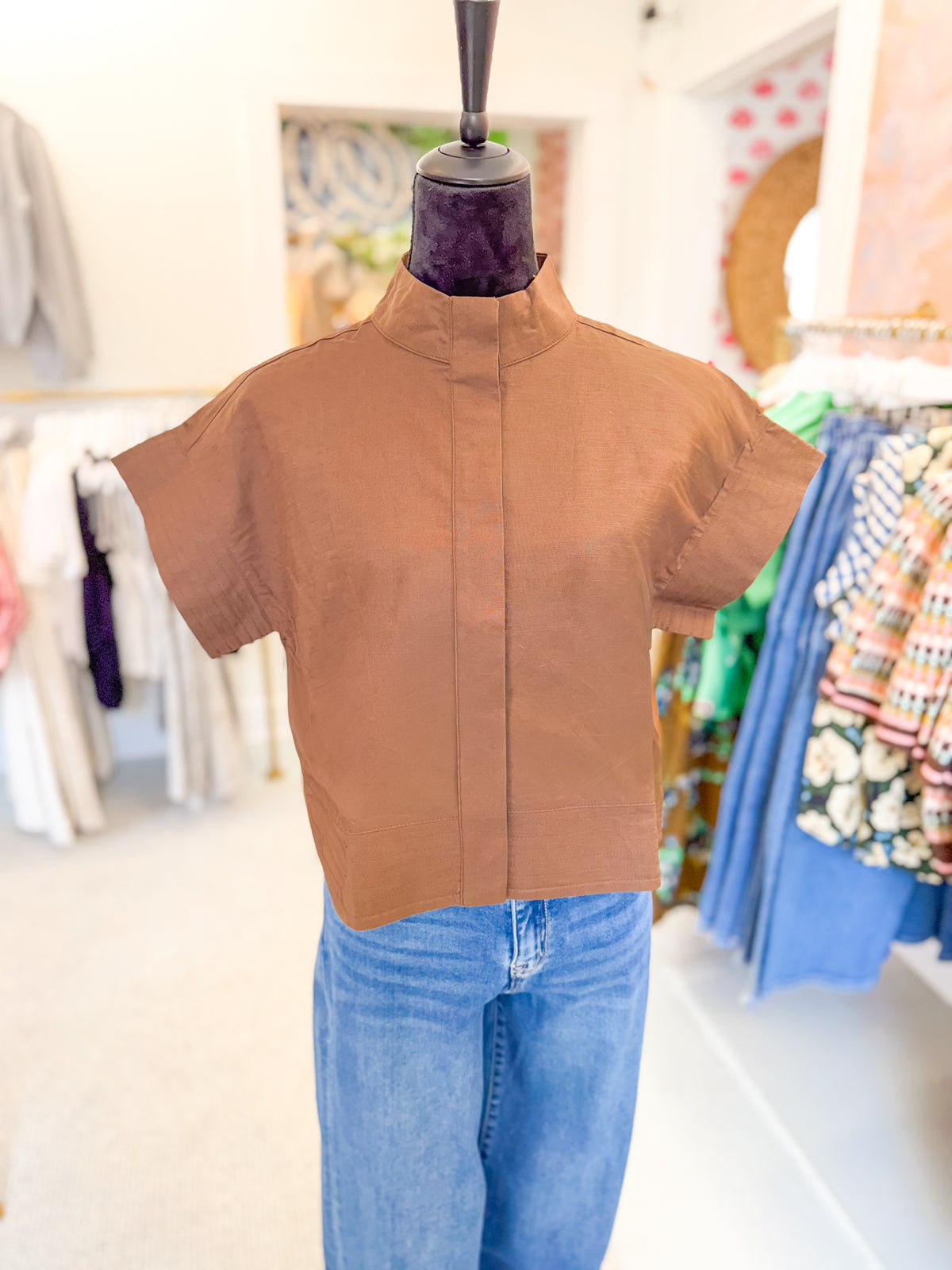 Cotton Linen Mock Neck Top - Brown