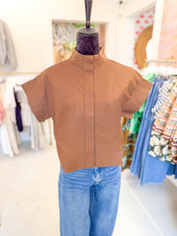 Cotton Linen Mock Neck Top - Brown