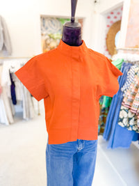 Cotton Linen Mock Neck Top - Rust