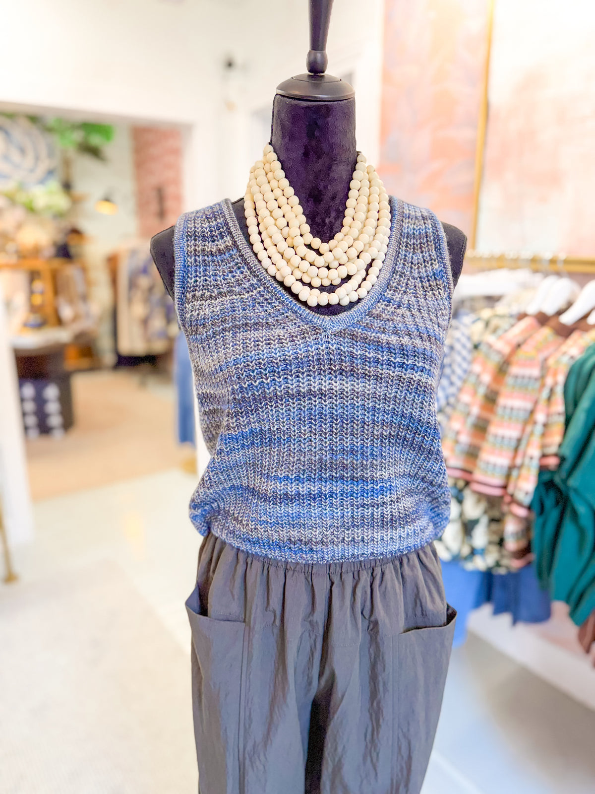 Blue V-Neck Knit Sweater Tank