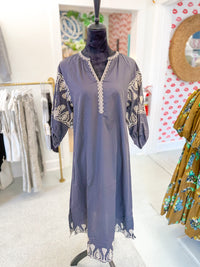 Charcoal Grey Embroidered Puff Sleeve Dress