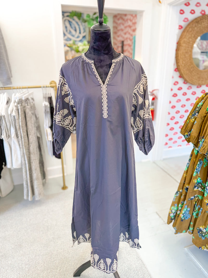 Charcoal Grey Embroidered Puff Sleeve Dress
