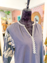 Charcoal Grey Embroidered Puff Sleeve Dress