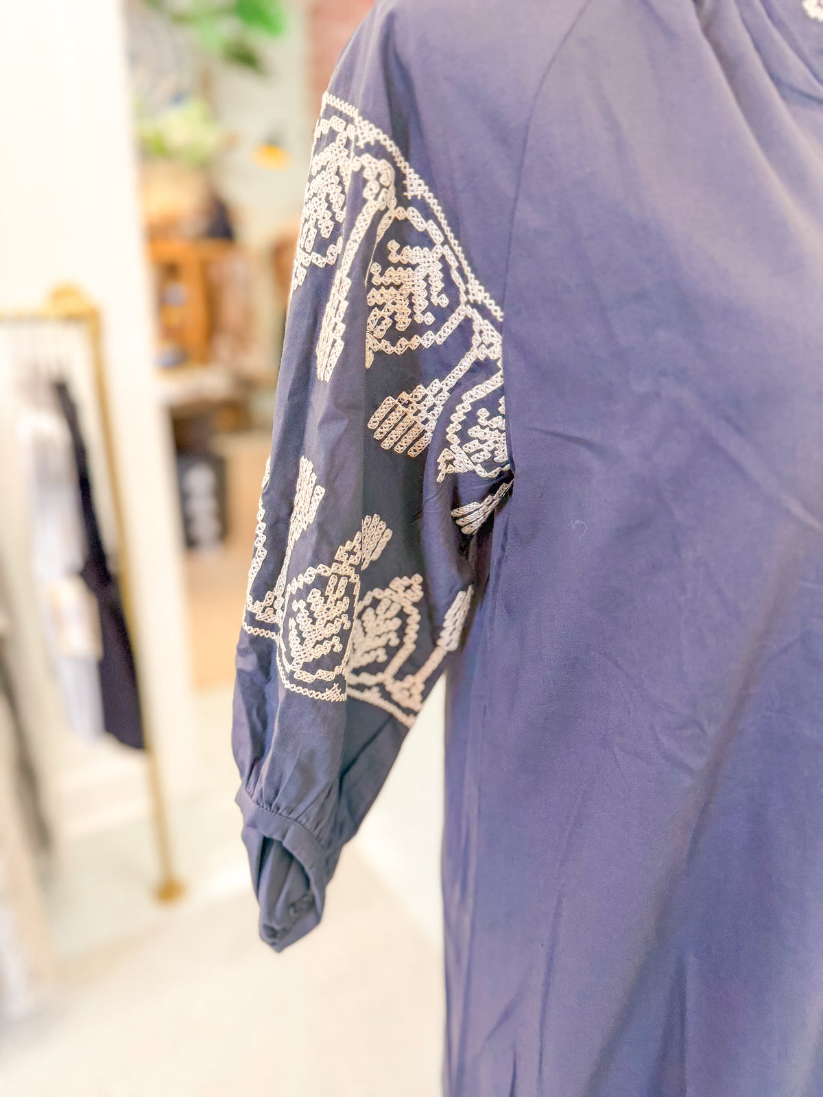 Charcoal Grey Embroidered Puff Sleeve Dress