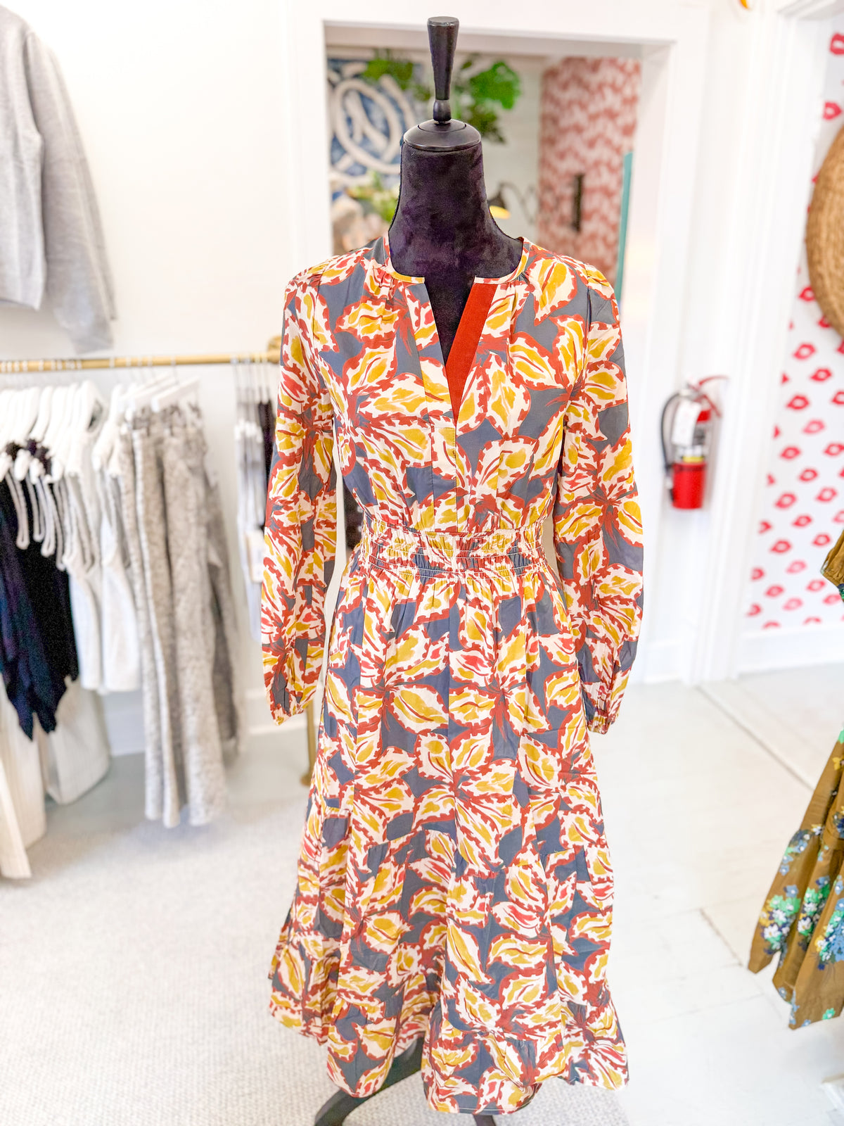 Leaf Print Cinched Waist Maxi Dress
