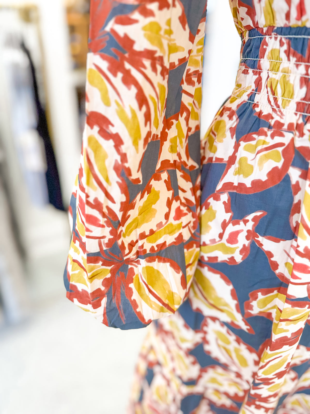 Leaf Print Cinched Waist Maxi Dress