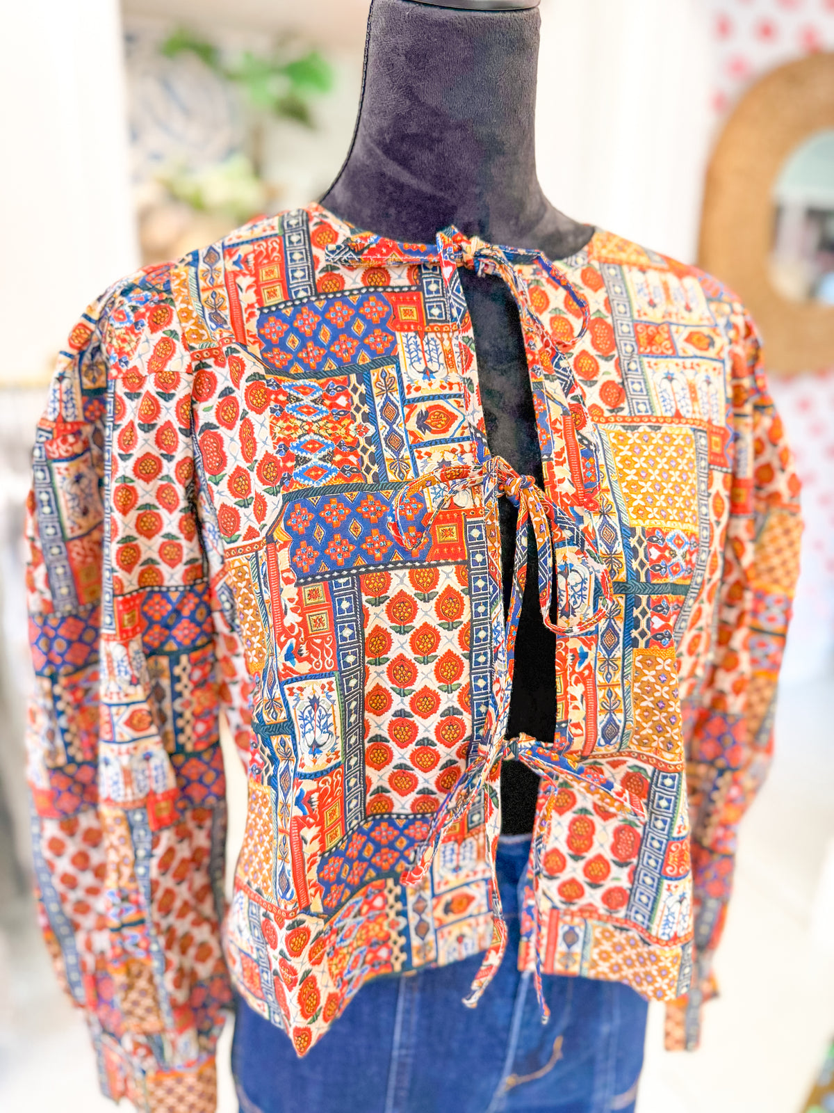 Patchwork Print Tie-Detailed Blouse