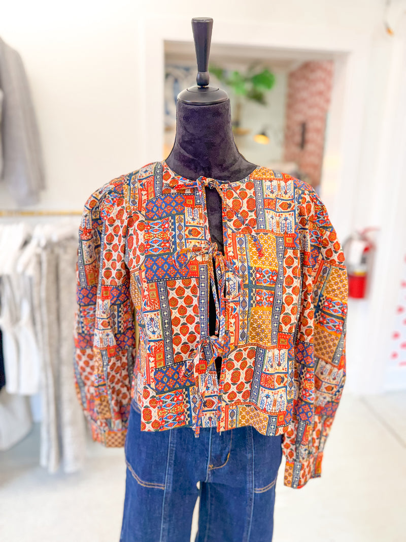 Patchwork Print Tie-Detailed Blouse