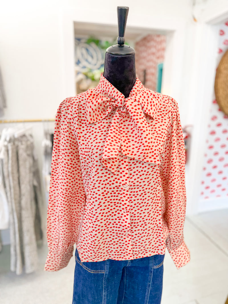 Red Dot Tie Neck Blouse