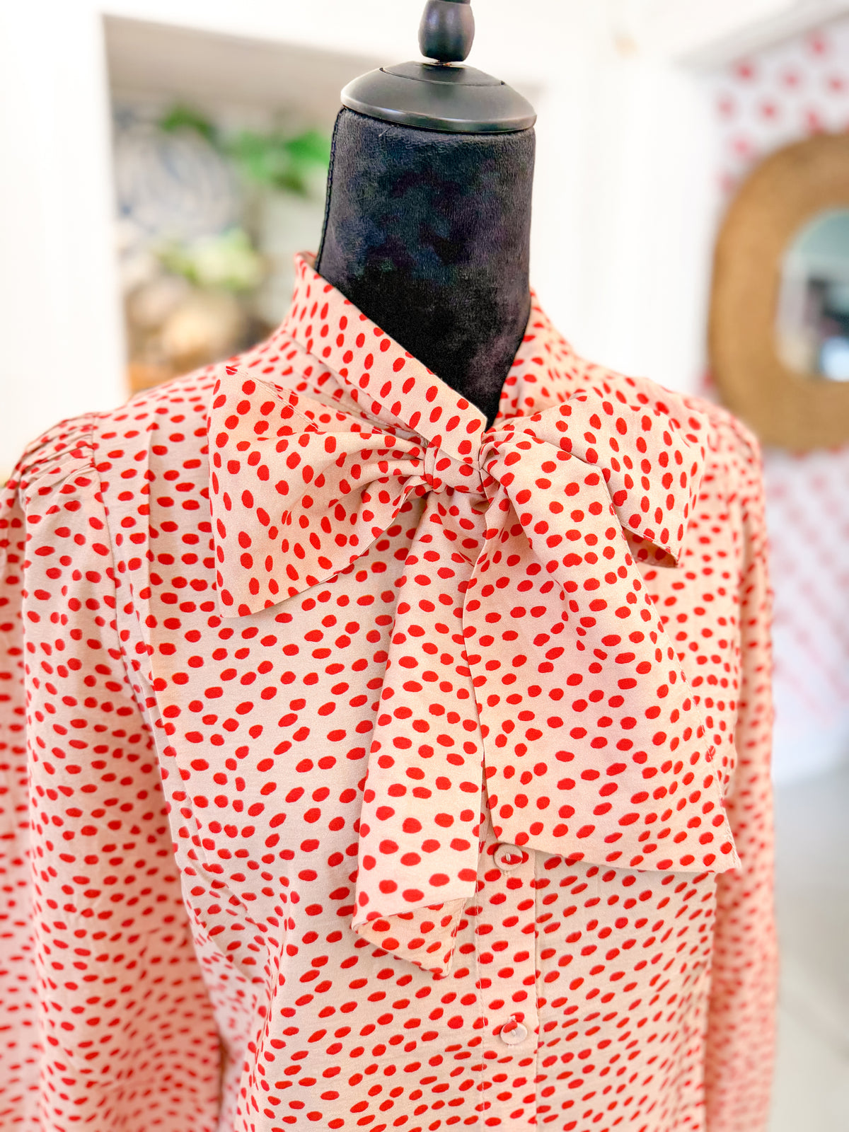 Red Dot Tie Neck Blouse