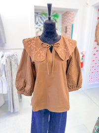 Brown Embroidered Peter Pan Collar Blouse