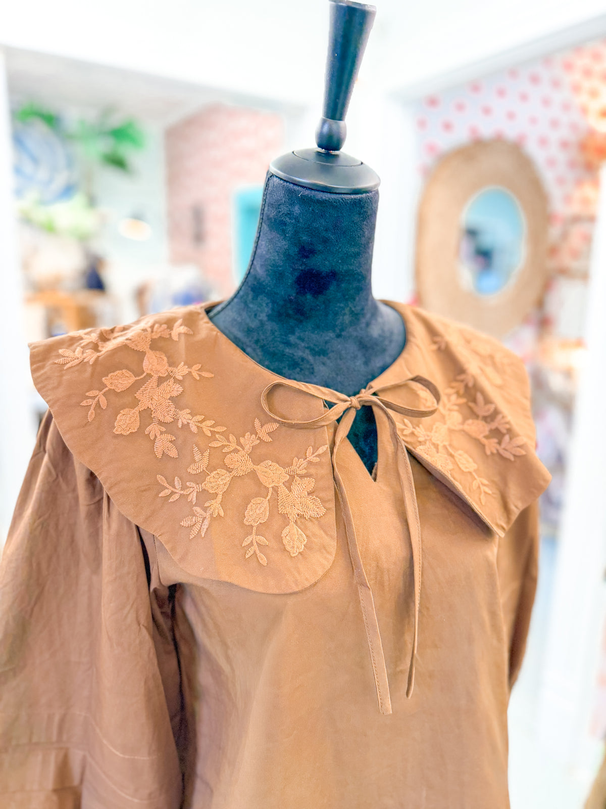 Brown Embroidered Peter Pan Collar Blouse
