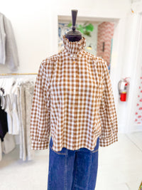 Gingham Check Ruffled Collar Shirt - Brown