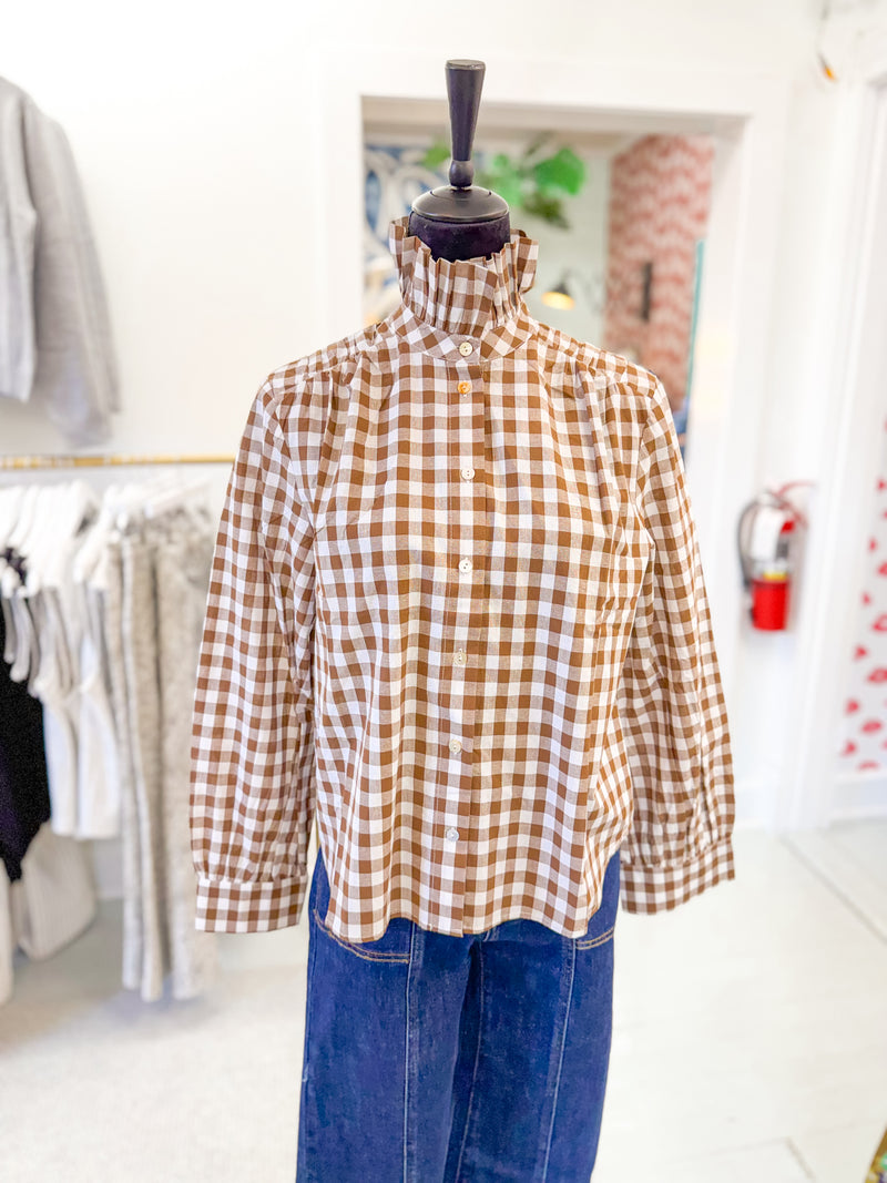 Gingham Check Ruffled Collar Shirt - Brown