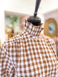 Gingham Check Ruffled Collar Shirt - Brown