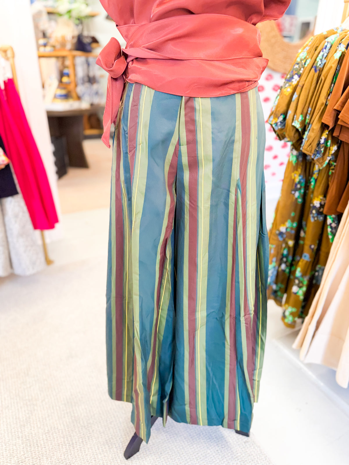 A-line Green Stripe Palazzo Pants