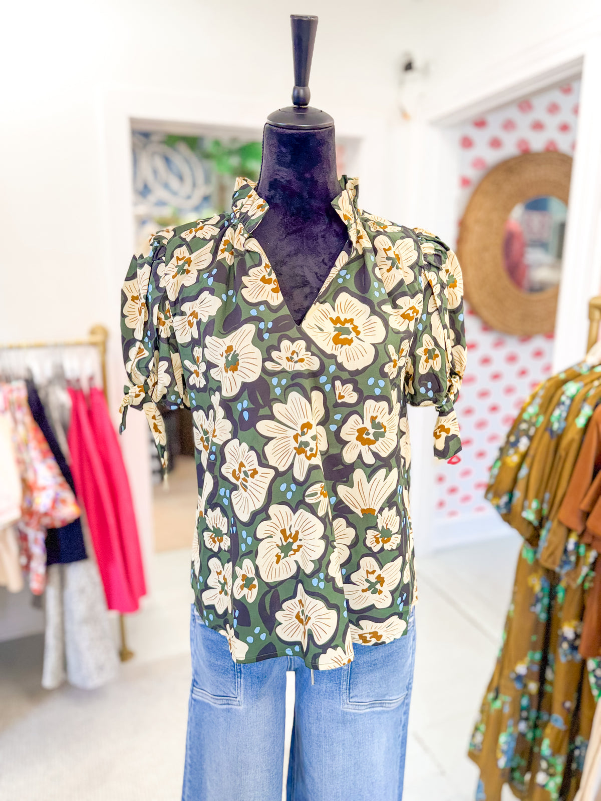 Floral Top with Bow Tie Sleeve
