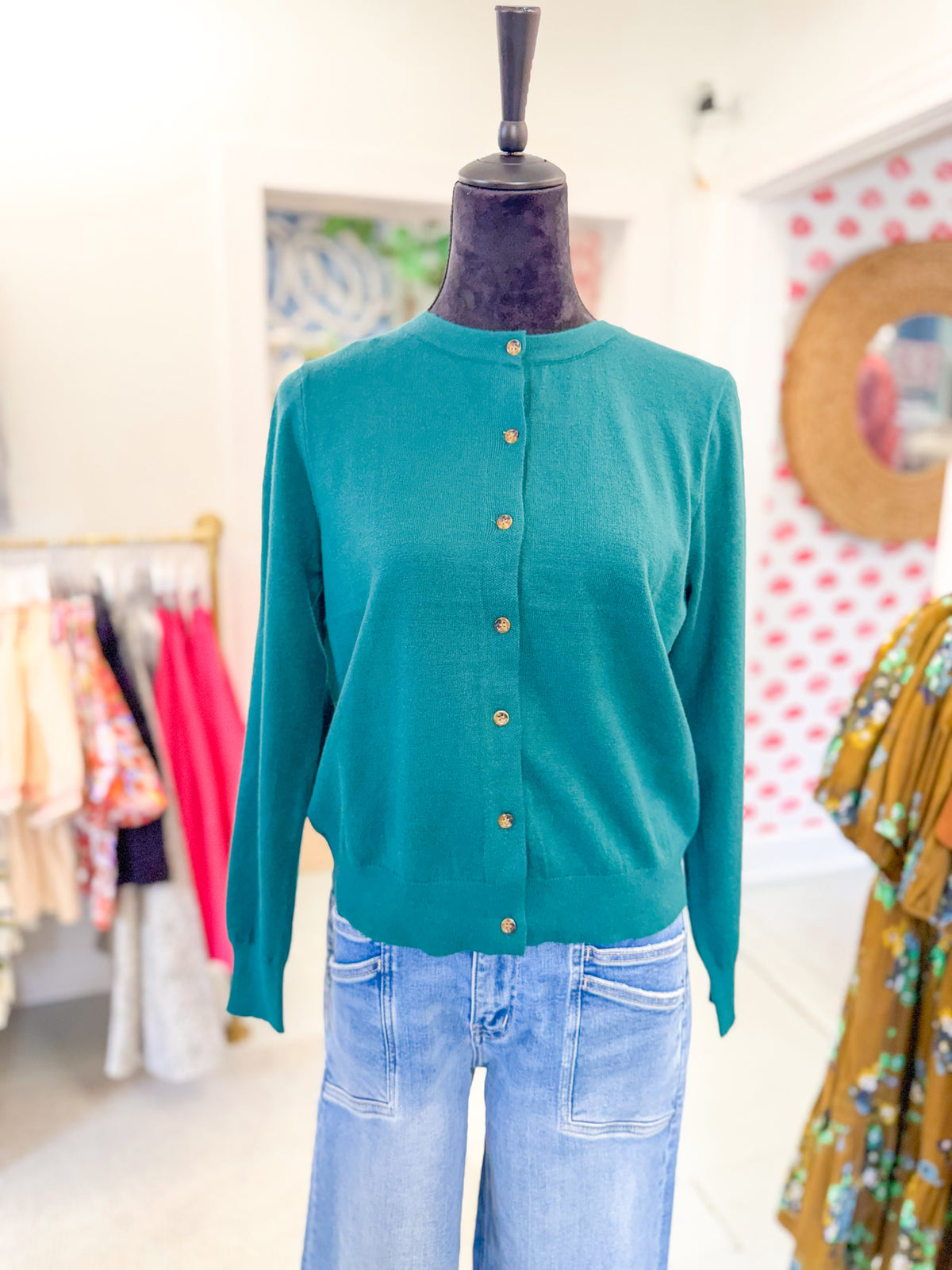 Crew Neck Button Down Cardigan - Forest