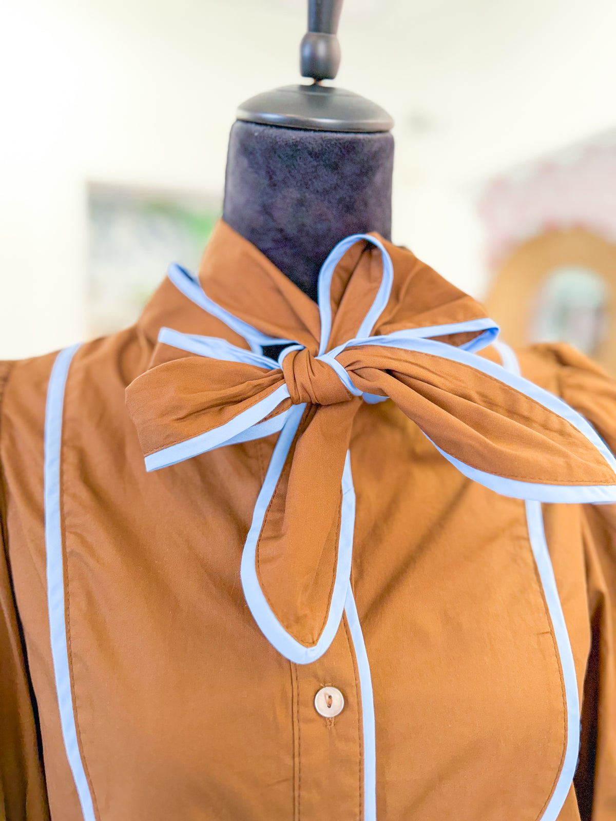 Contrast Trim Tie Neck Blouse - Brown