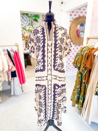 Cream and Black Tropical Print Midi Dress