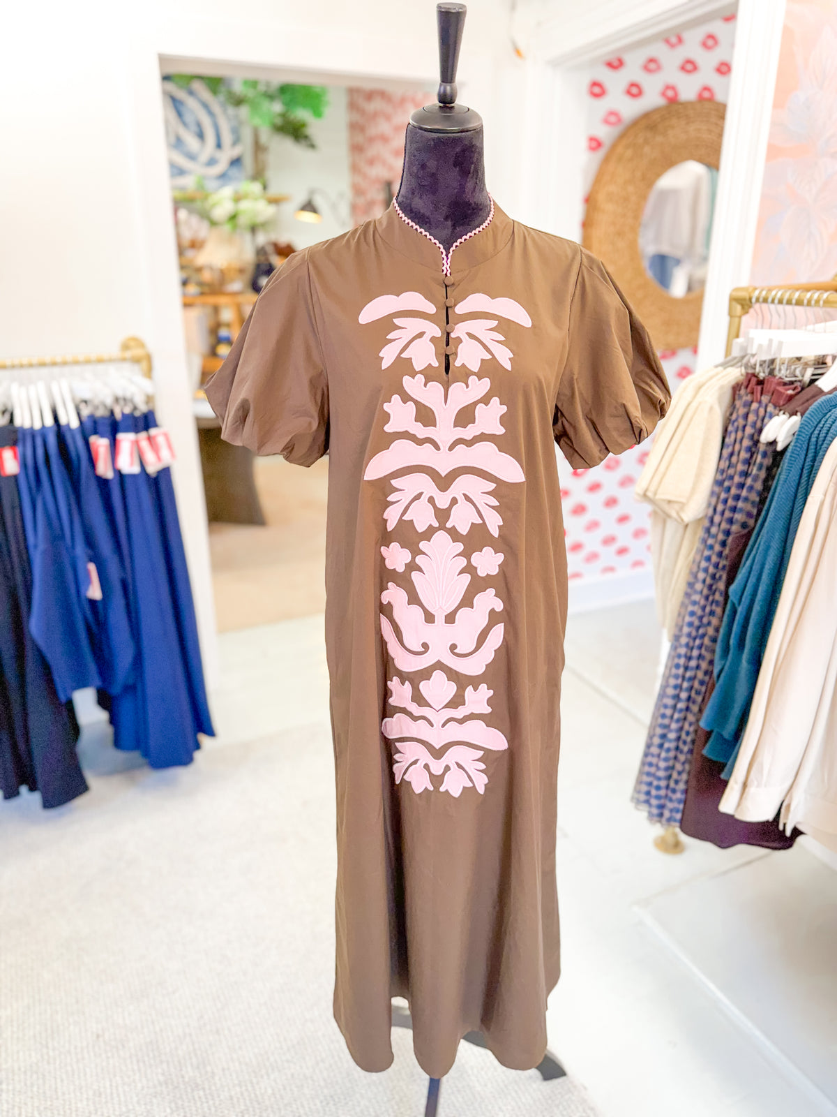 Brown and Pink Floral Puff Sleeve Dress
