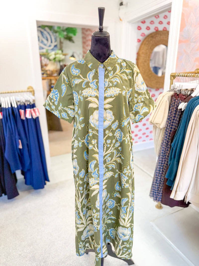 Floral Button Olive and Blue Midi Dress