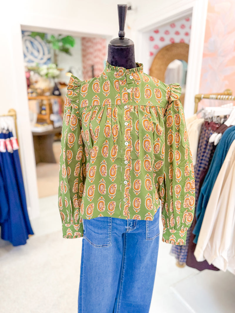 Paisley Print Button Down Shirt - Olive