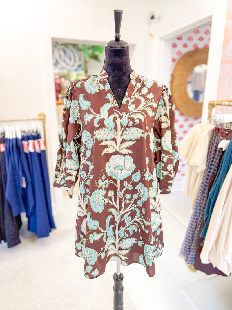 Chocolate and Blue Floral Mini Dress