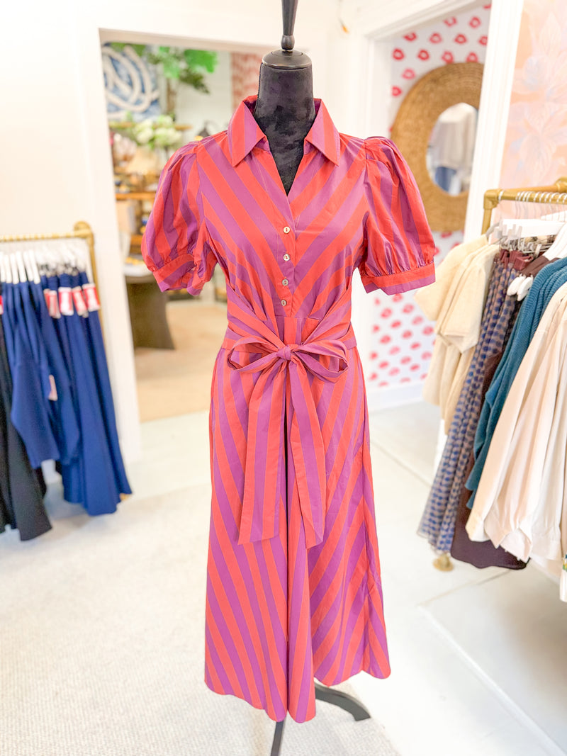 Striped Tie Waist Midi Dress - Plum