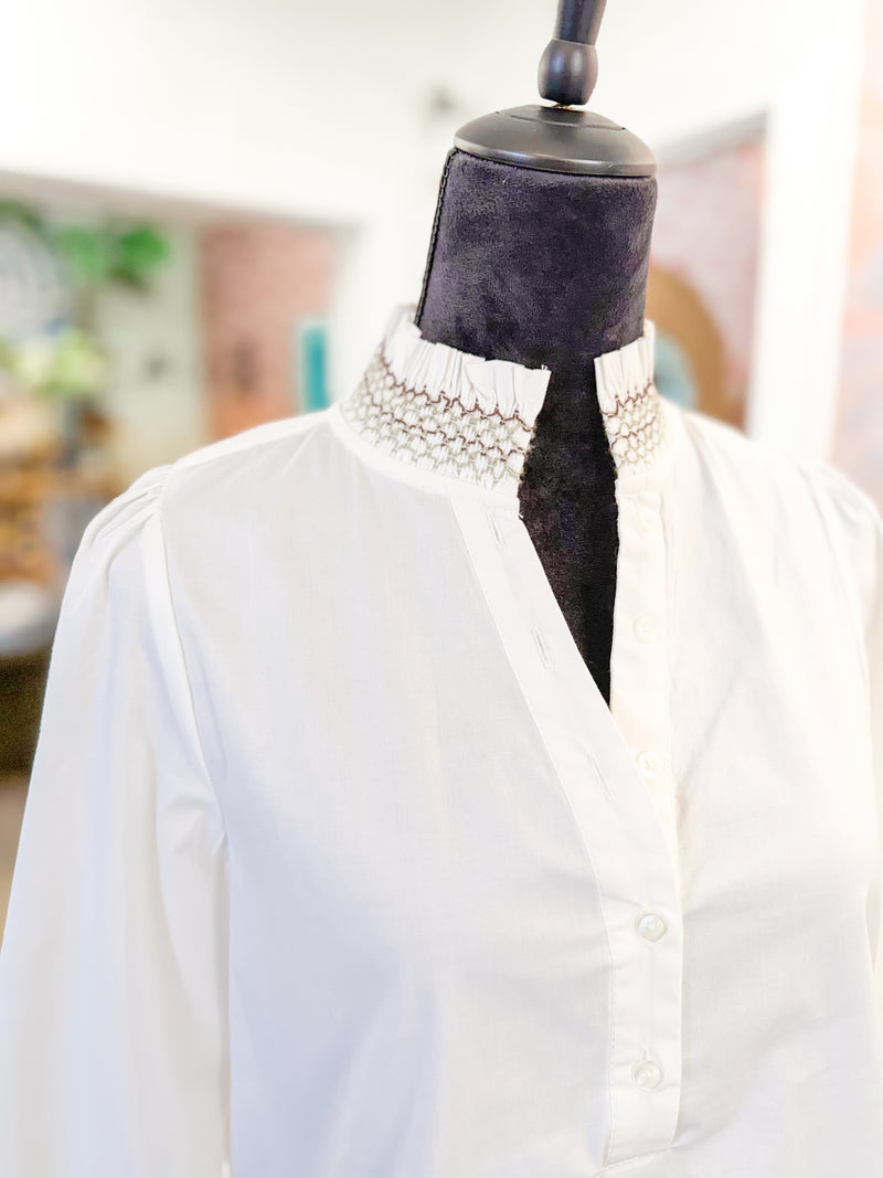 Button Front Top with Smocked Detail Blouse - Ivory