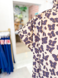 Floral Print Ruffle Neck Blouse - Ecru