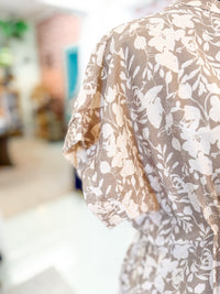 Floral Pleated Waist Drop Shoulder Short Sleeve Top - Khaki