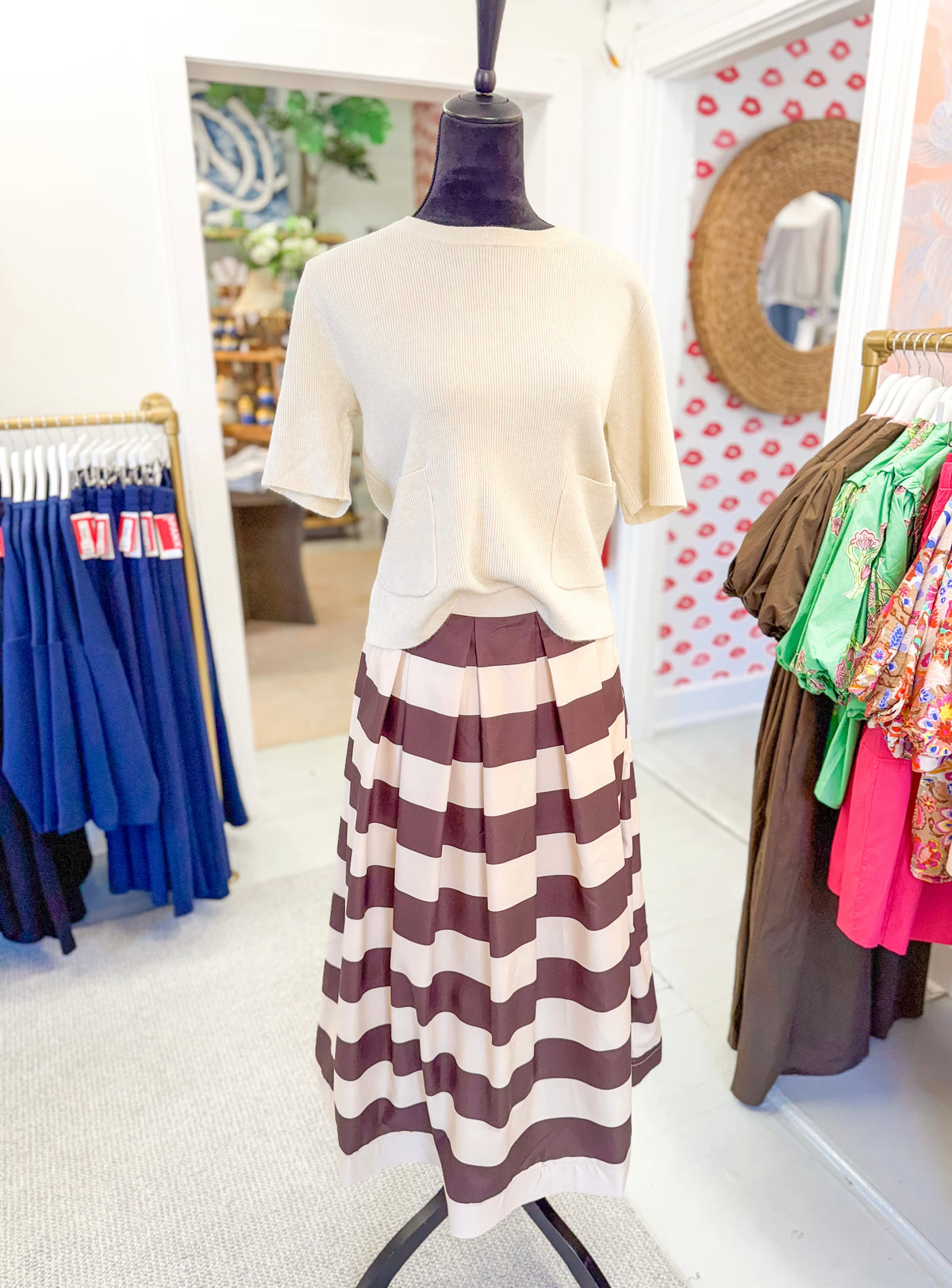 Pleated A-Line Striped Midi Length Skirt - Brown
