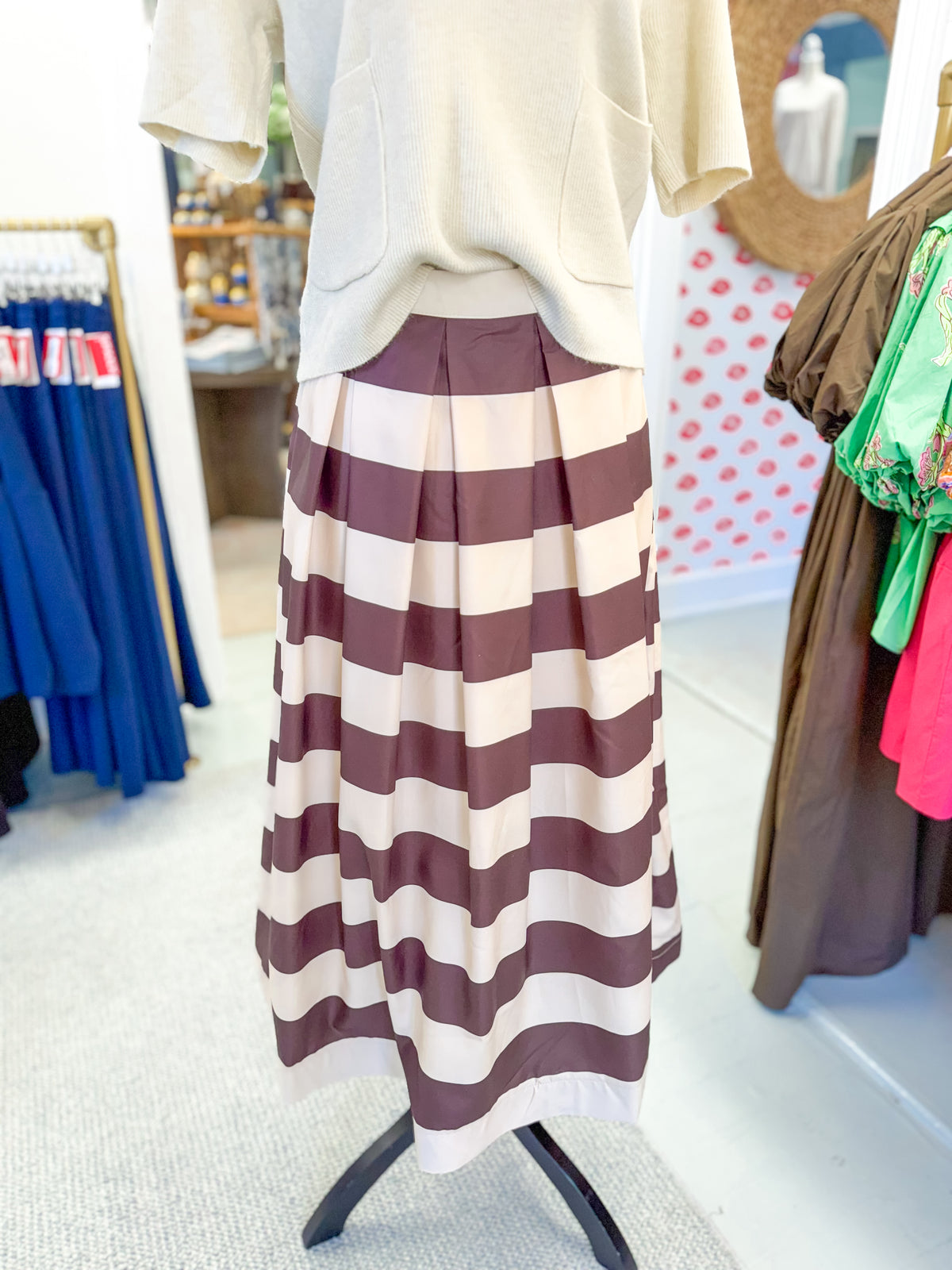 Pleated A-Line Striped Midi Length Skirt - Brown