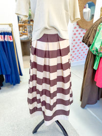 Pleated A-Line Striped Midi Length Skirt - Brown