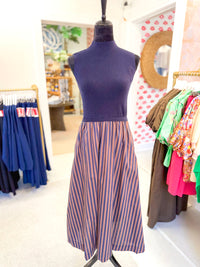 Navy and Pink Striped Midi Dress