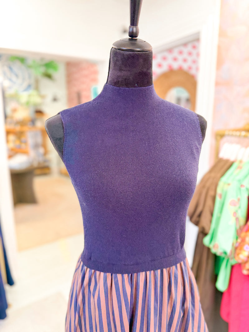 Navy and Pink Striped Midi Dress