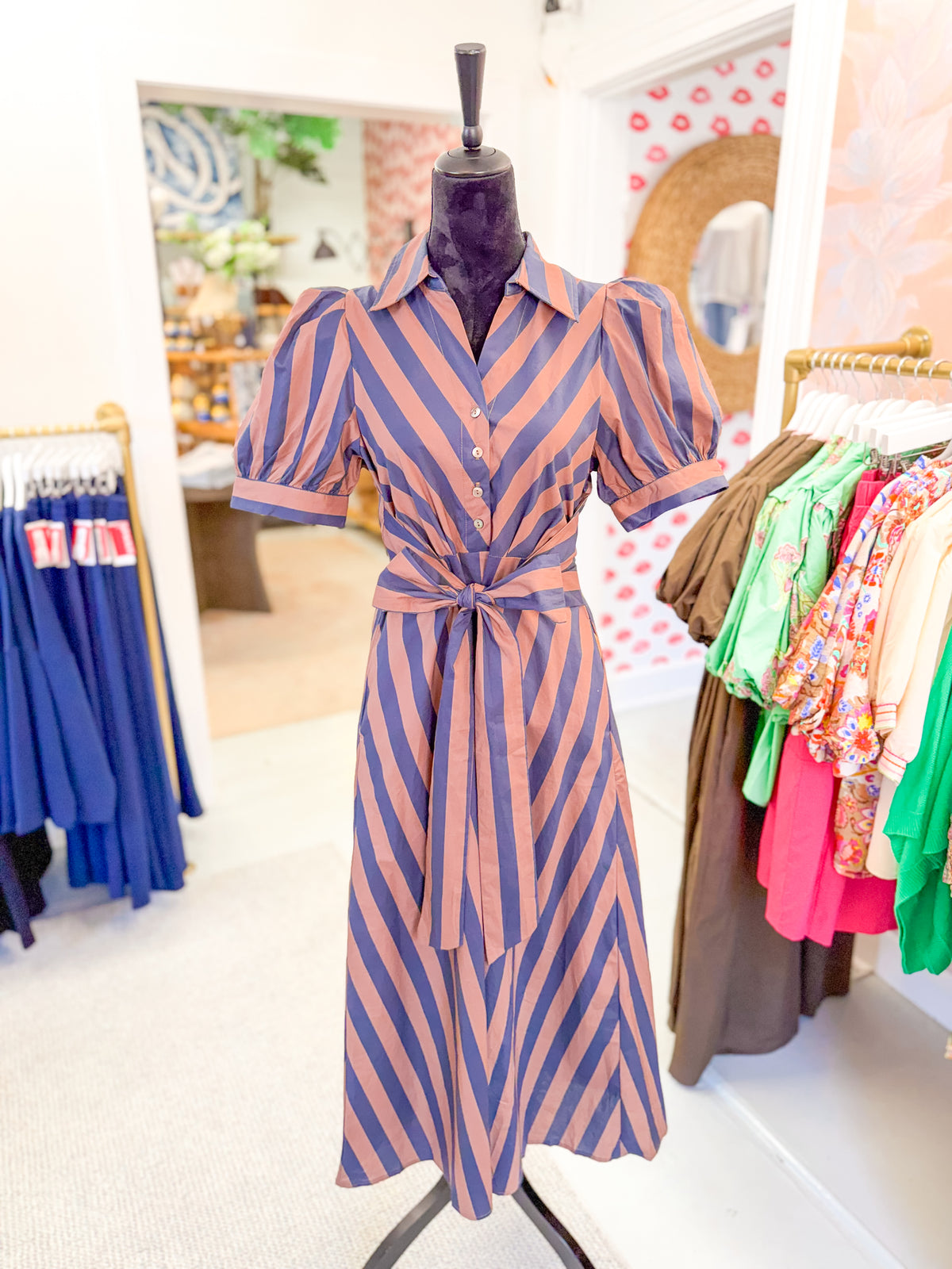 Striped Tie Waist Midi Dress - Brown