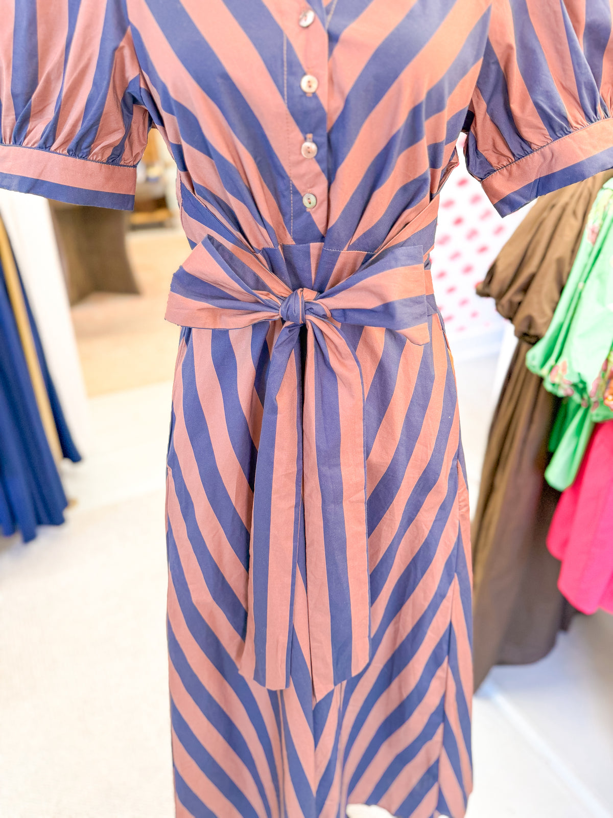 Striped Tie Waist Midi Dress - Brown
