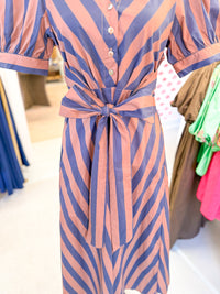 Striped Tie Waist Midi Dress - Brown