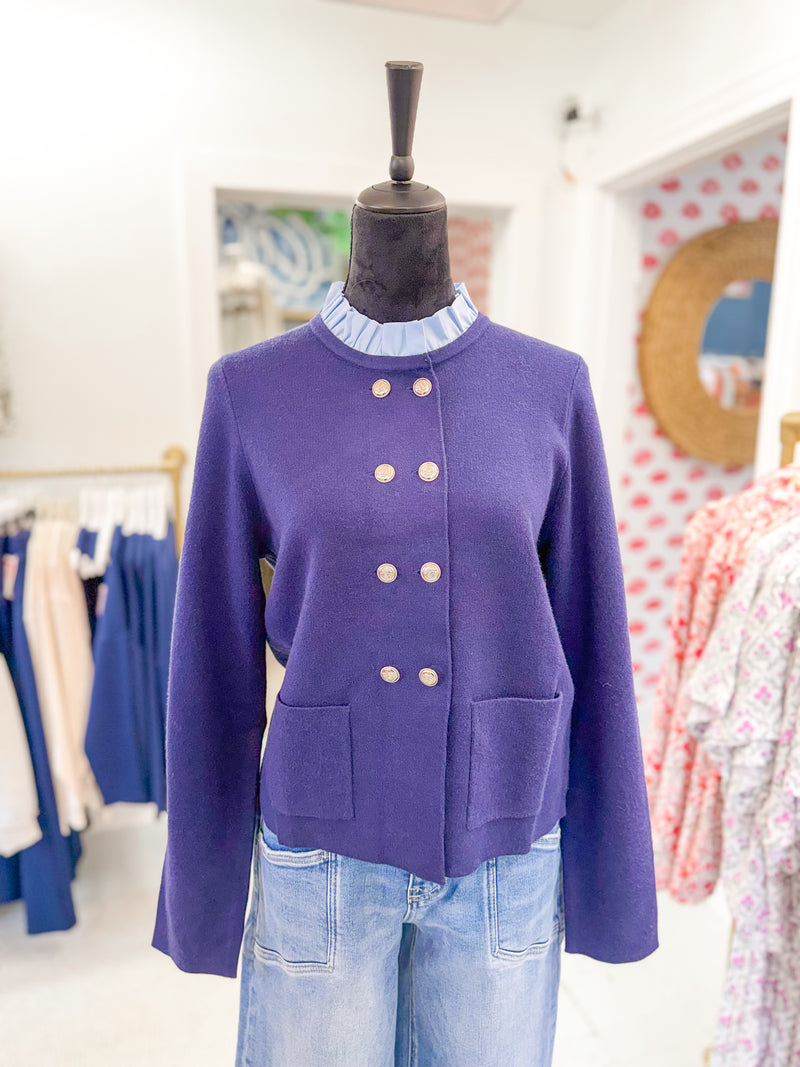 Ruffled Collar Cardigan with Silver Buttons