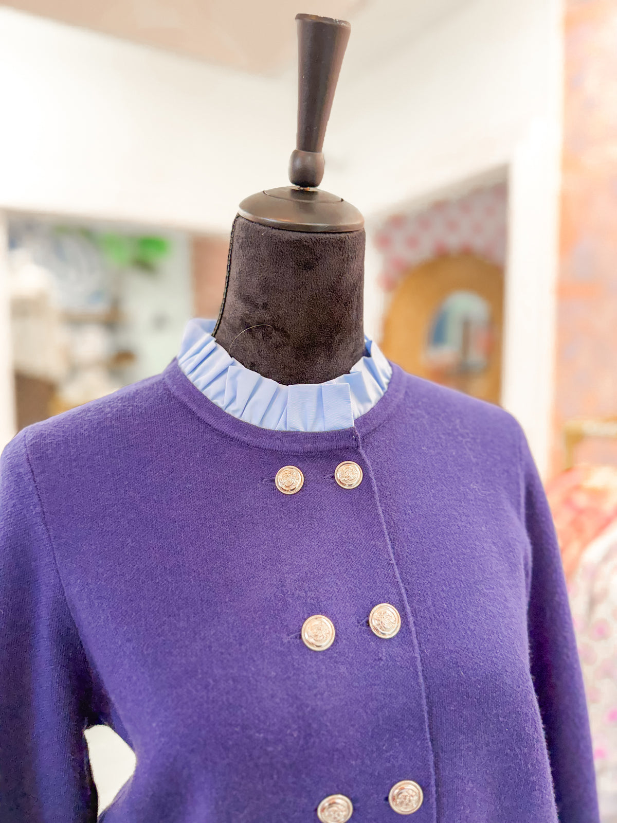 Ruffled Collar Cardigan with Silver Buttons